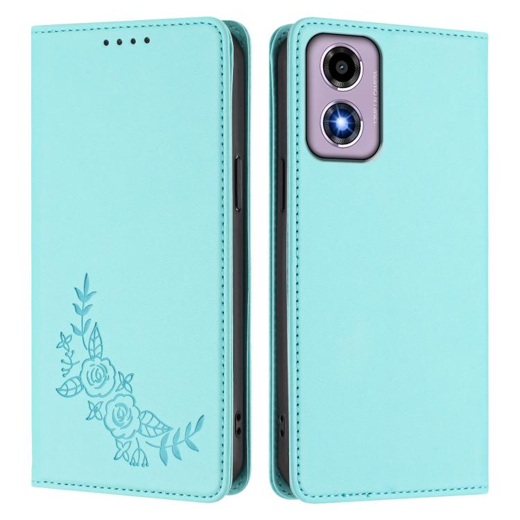 For Motorola Moto E14 4G / G04s 4G Peony Embossed Magnetic RFID Vegan Leather Phone Case