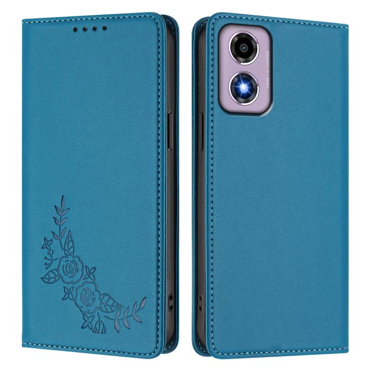 For Motorola Moto E14 4G / G04s 4G Peony Embossed Magnetic RFID Vegan Leather Phone Case