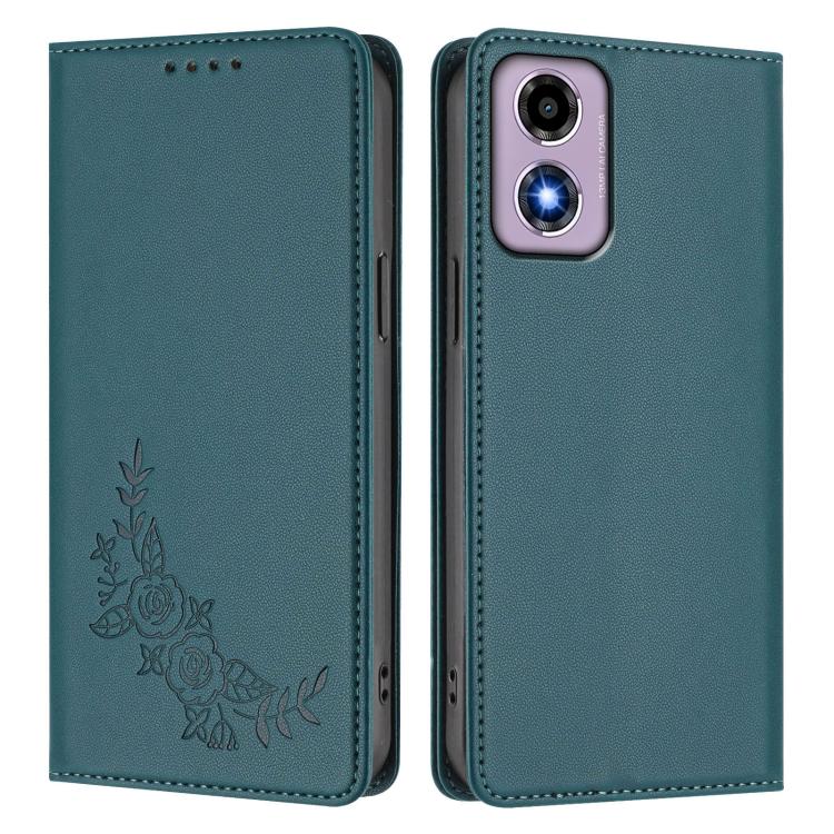 For Motorola Moto E14 4G / G04s 4G Peony Embossed Magnetic RFID Vegan Leather Phone Case