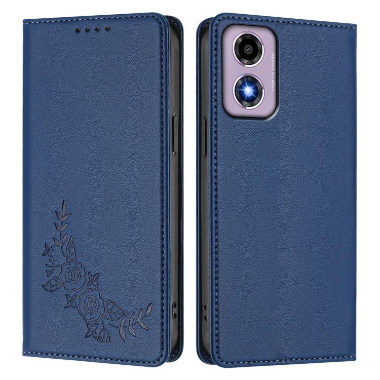 For Motorola Moto E14 4G / G04s 4G Peony Embossed Magnetic RFID Vegan Leather Phone Case