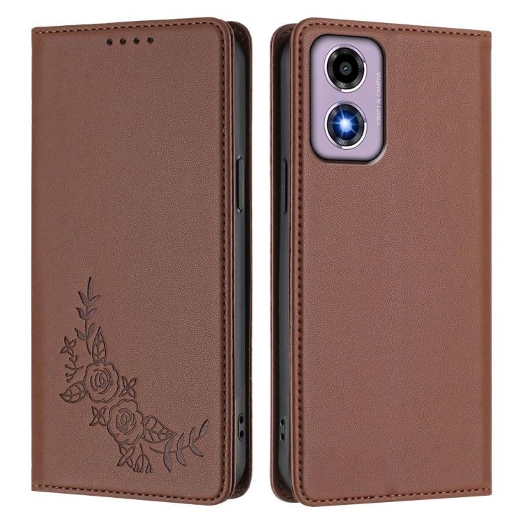 For Motorola Moto E14 4G / G04s 4G Peony Embossed Magnetic RFID Vegan Leather Phone Case