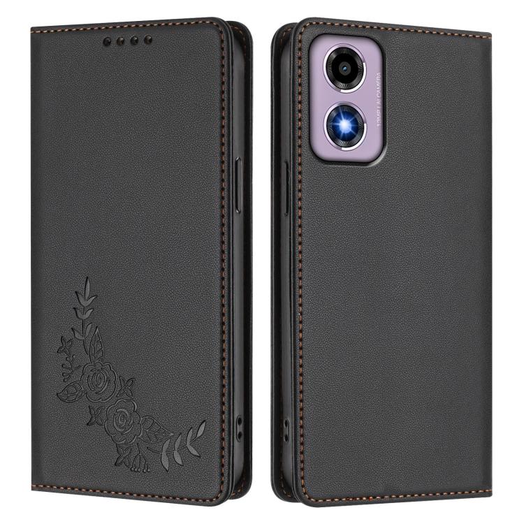 For Motorola Moto E14 4G / G04s 4G Peony Embossed Magnetic RFID Vegan Leather Phone Case