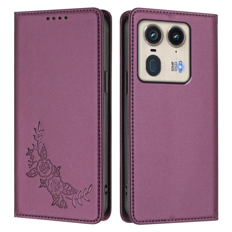 For Motorola Edge 50 Ultra 5G Curved Peony Embossed Magnetic RFID Vegan Leather Phone Case