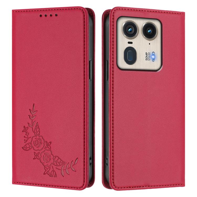 For Motorola Edge 50 Ultra 5G Curved Peony Embossed Magnetic RFID Vegan Leather Phone Case