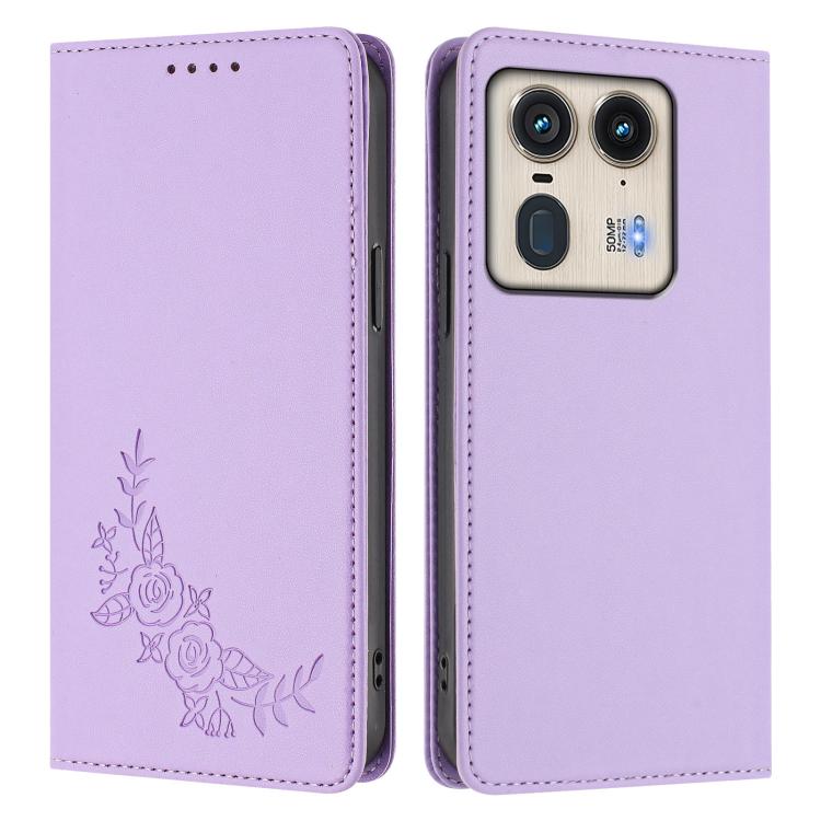 For Motorola Edge 50 Ultra 5G Curved Peony Embossed Magnetic RFID Vegan Leather Phone Case
