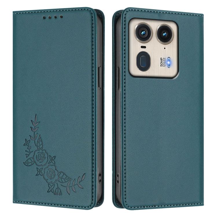 For Motorola Edge 50 Ultra 5G Curved Peony Embossed Magnetic RFID Vegan Leather Phone Case