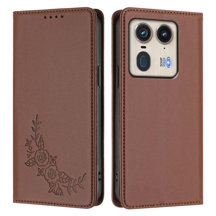 For Motorola Edge 50 Ultra 5G Curved Peony Embossed Magnetic RFID Vegan Leather Phone Case