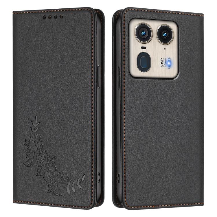 For Motorola Edge 50 Ultra 5G Curved Peony Embossed Magnetic RFID Vegan Leather Phone Case