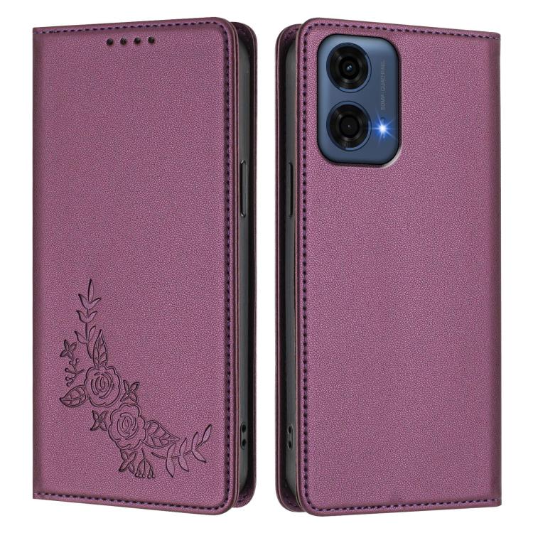 For Motorola Moto G24 Power India Peony Embossed Magnetic RFID Vegan Leather Phone Case