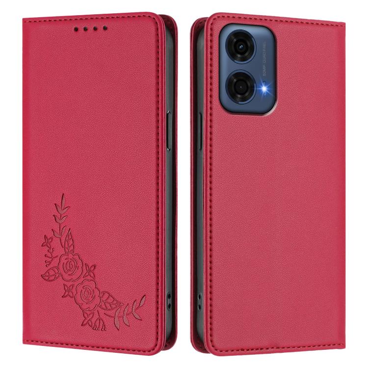 For Motorola Moto G24 Power India Peony Embossed Magnetic RFID Vegan Leather Phone Case