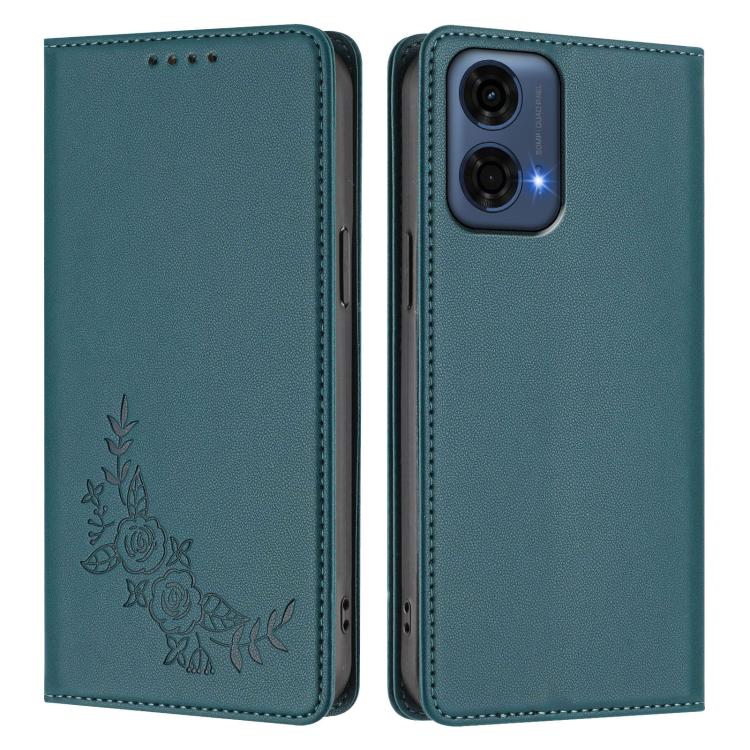 For Motorola Moto G24 Power India Peony Embossed Magnetic RFID Vegan Leather Phone Case