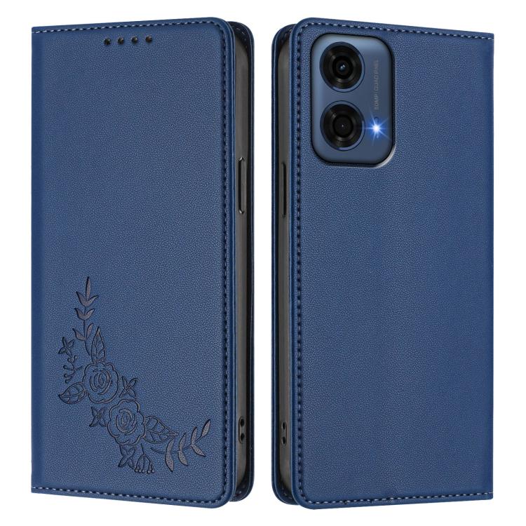 For Motorola Moto G24 Power India Peony Embossed Magnetic RFID Vegan Leather Phone Case