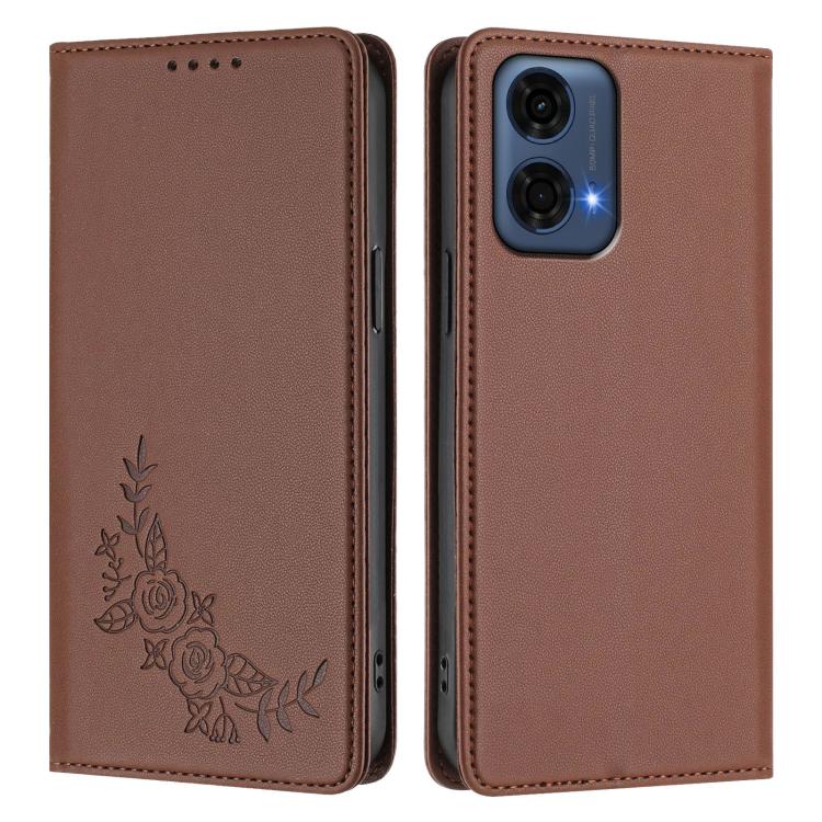 For Motorola Moto G24 Power India Peony Embossed Magnetic RFID Vegan Leather Phone Case