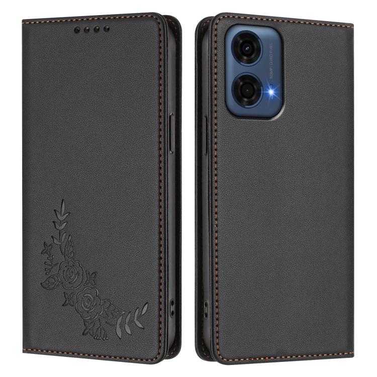 For Motorola Moto G24 Power India Peony Embossed Magnetic RFID Vegan Leather Phone Case