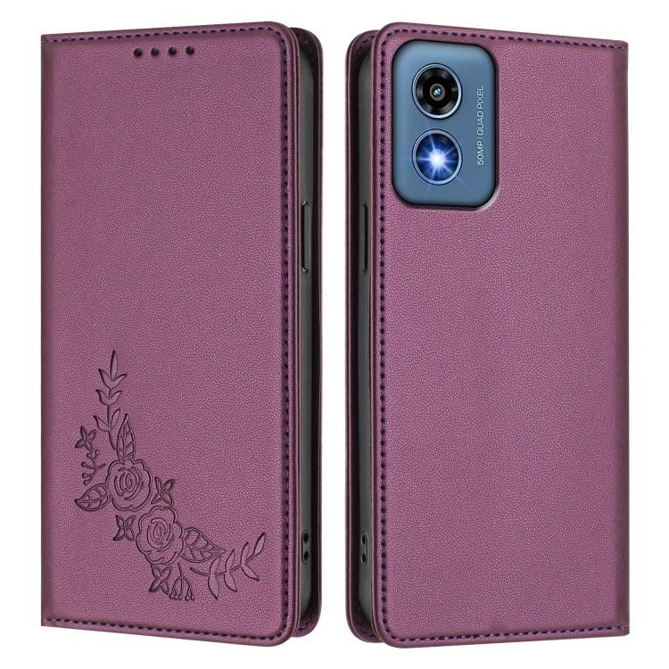 For Motorola Moto G Play 5G 2024 Peony Embossed Magnetic RFID Vegan Leather Phone Case