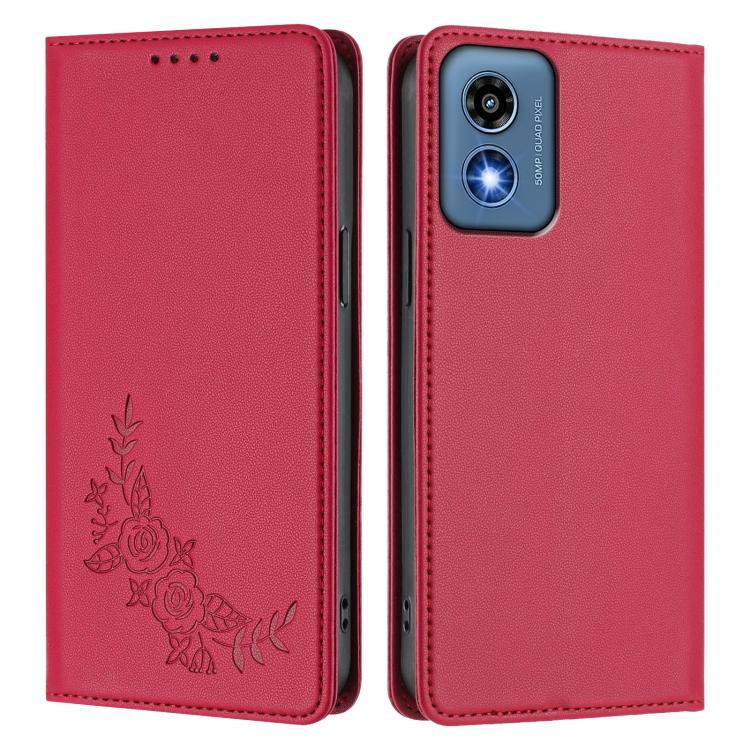 For Motorola Moto G Play 5G 2024 Peony Embossed Magnetic RFID Vegan Leather Phone Case