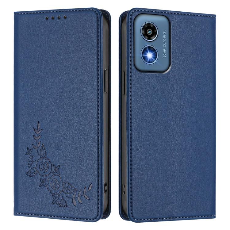For Motorola Moto G Play 5G 2024 Peony Embossed Magnetic RFID Vegan Leather Phone Case