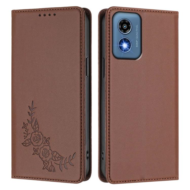 For Motorola Moto G Play 5G 2024 Peony Embossed Magnetic RFID Vegan Leather Phone Case
