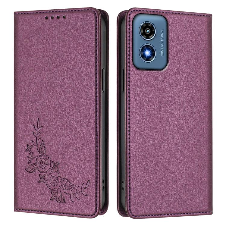 For Motorola Moto G Play 4G 2024 Peony Embossed Magnetic RFID Vegan Leather Phone Case