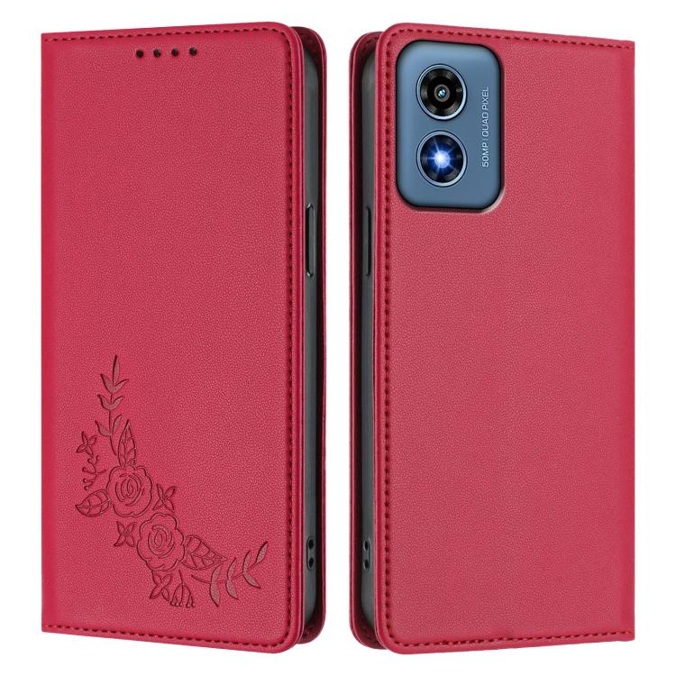 For Motorola Moto G Play 4G 2024 Peony Embossed Magnetic RFID Vegan Leather Phone Case