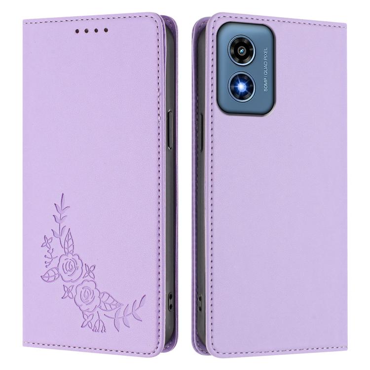 For Motorola Moto G Play 4G 2024 Peony Embossed Magnetic RFID Vegan Leather Phone Case