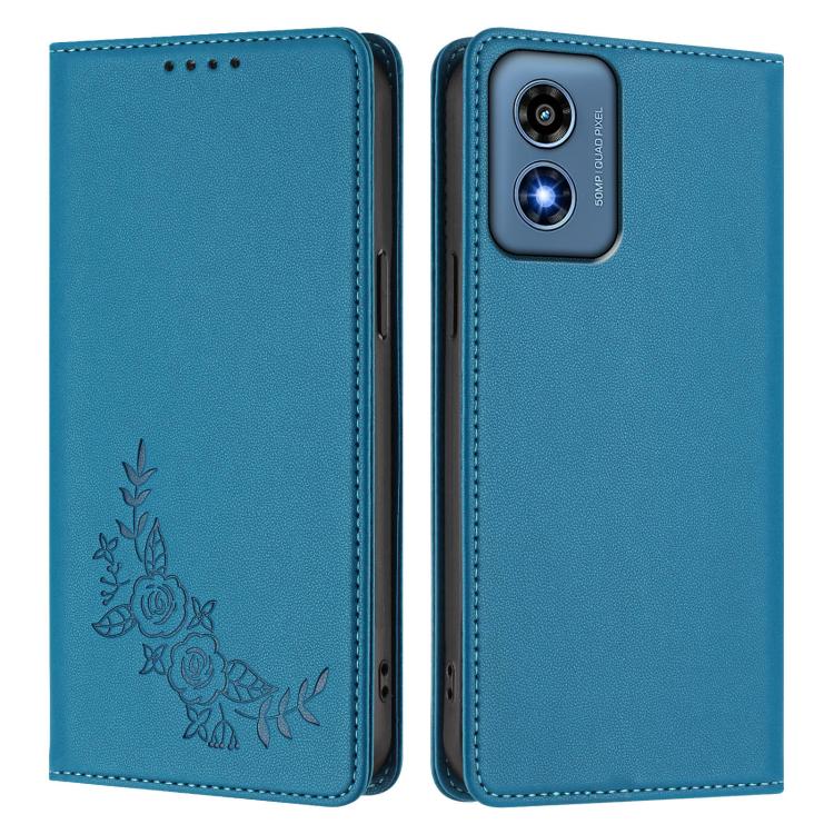For Motorola Moto G Play 4G 2024 Peony Embossed Magnetic RFID Vegan Leather Phone Case