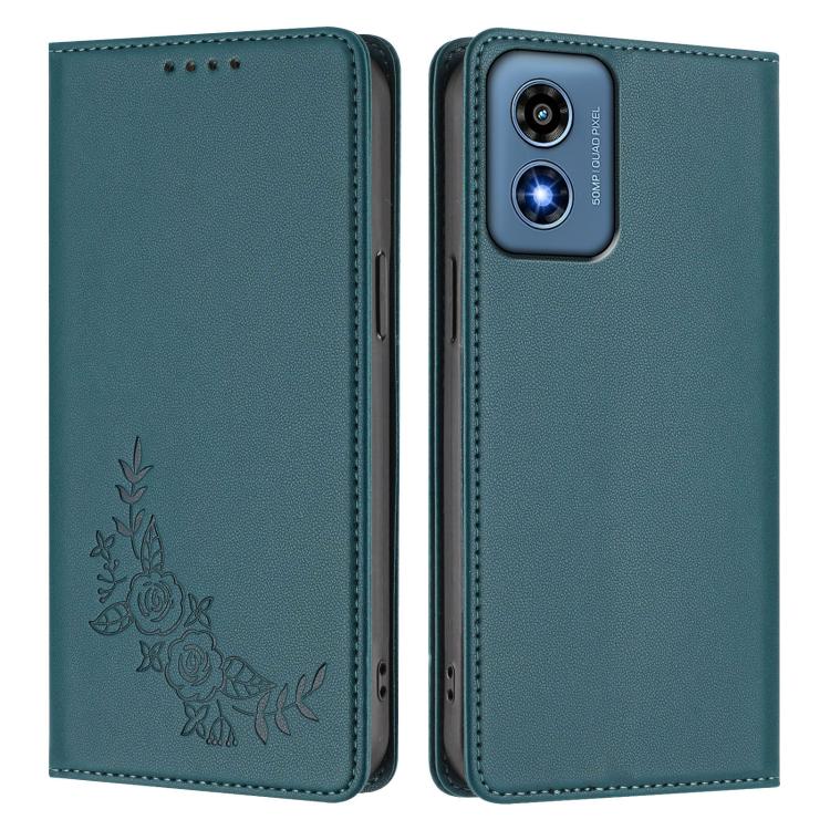 For Motorola Moto G Play 4G 2024 Peony Embossed Magnetic RFID Vegan Leather Phone Case