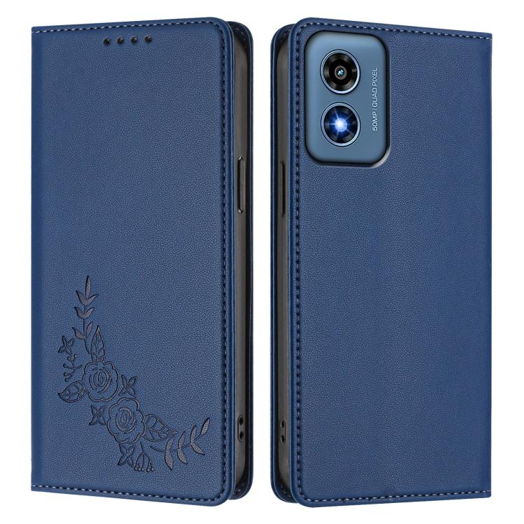 For Motorola Moto G Play 4G 2024 Peony Embossed Magnetic RFID Vegan Leather Phone Case
