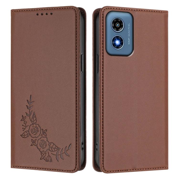 For Motorola Moto G Play 4G 2024 Peony Embossed Magnetic RFID Vegan Leather Phone Case