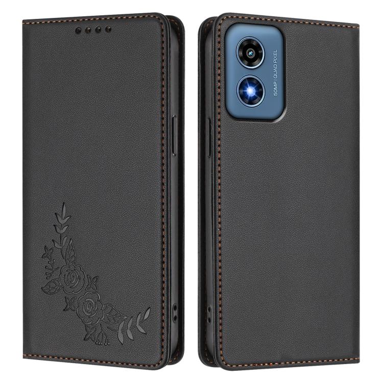 For Motorola Moto G Play 4G 2024 Peony Embossed Magnetic RFID Vegan Leather Phone Case