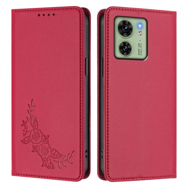 For Motorola Edge 40 Global / Edge 2023 US Peony Embossed Magnetic RFID Vegan Leather Phone Case