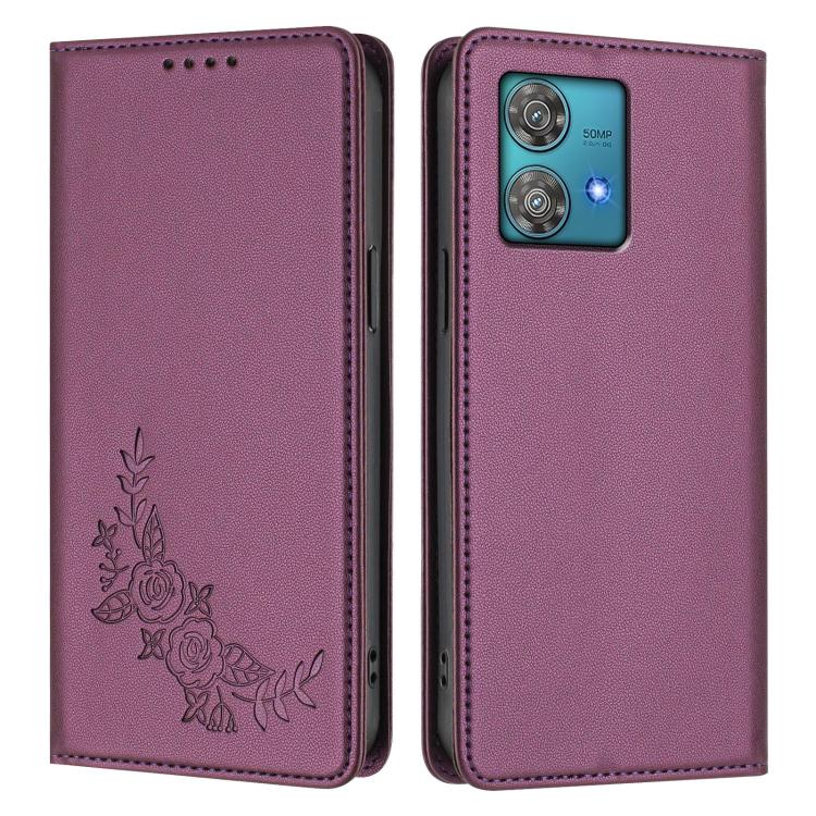 For Motorola Edge 40 Neo 5G Peony Embossed Magnetic RFID Vegan Leather Phone Case