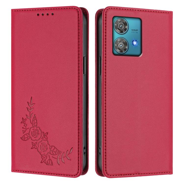 For Motorola Edge 40 Neo 5G Peony Embossed Magnetic RFID Vegan Leather Phone Case