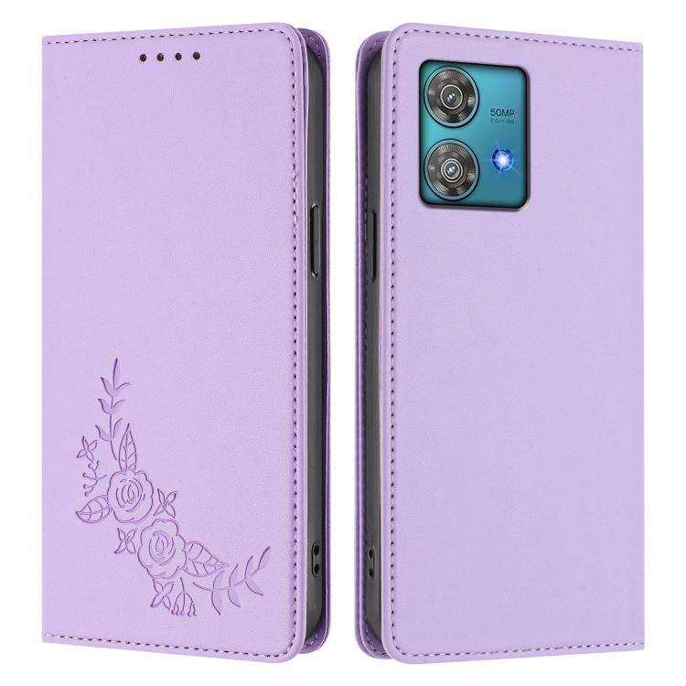 For Motorola Edge 40 Neo 5G Peony Embossed Magnetic RFID Vegan Leather Phone Case