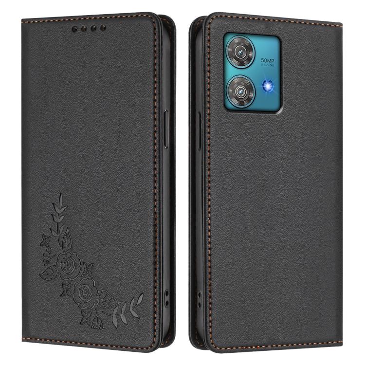 For Motorola Edge 40 Neo 5G Peony Embossed Magnetic RFID Vegan Leather Phone Case