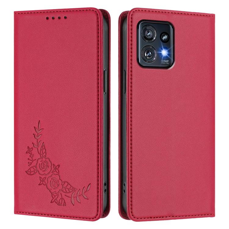 For Motorola Edge+ 2023 / Moto X40 Peony Embossed Magnetic RFID Vegan Leather Phone Case
