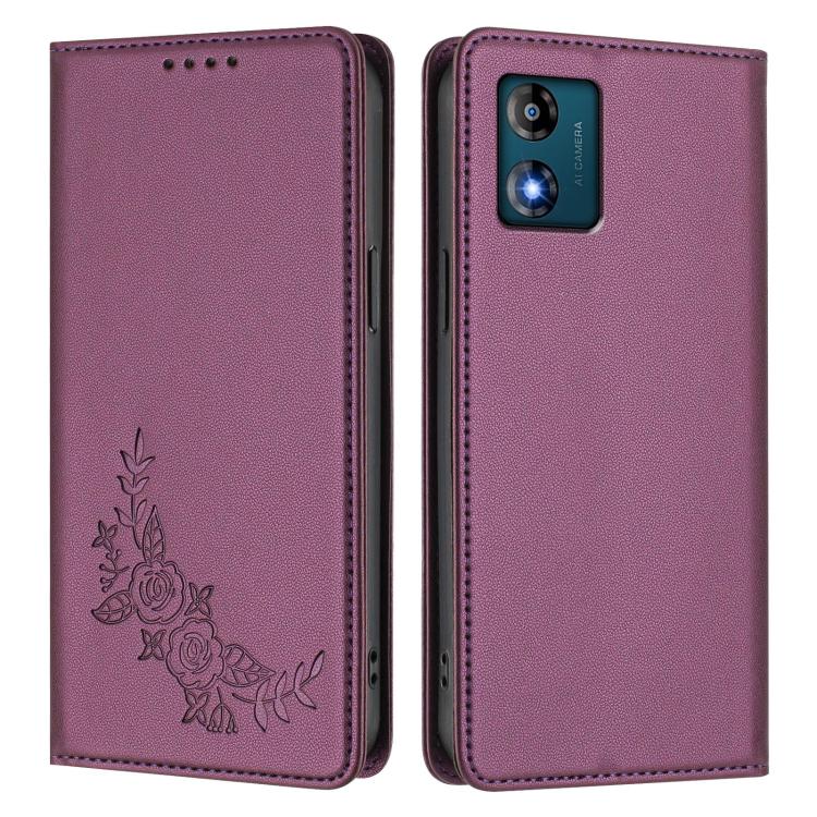 For Motorola Moto E13 2023 4G Peony Embossed Magnetic RFID Vegan Leather Phone Case