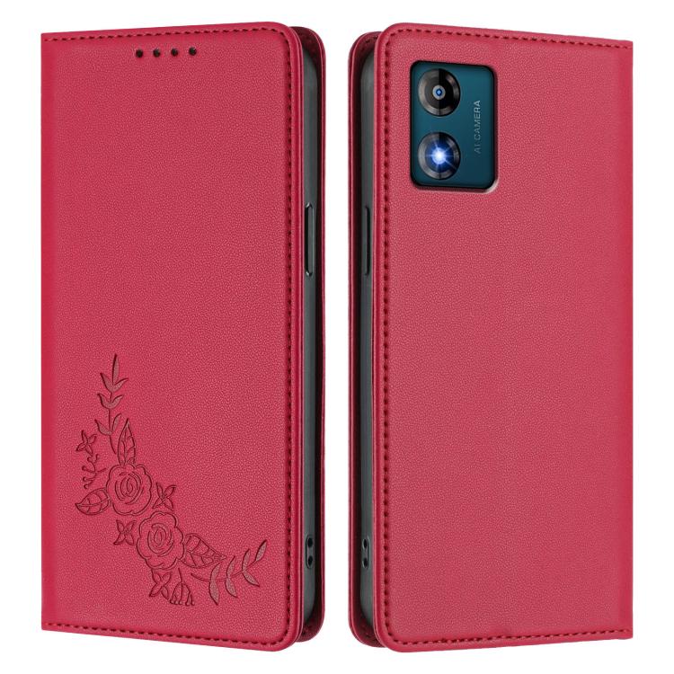 For Motorola Moto E13 2023 4G Peony Embossed Magnetic RFID Vegan Leather Phone Case
