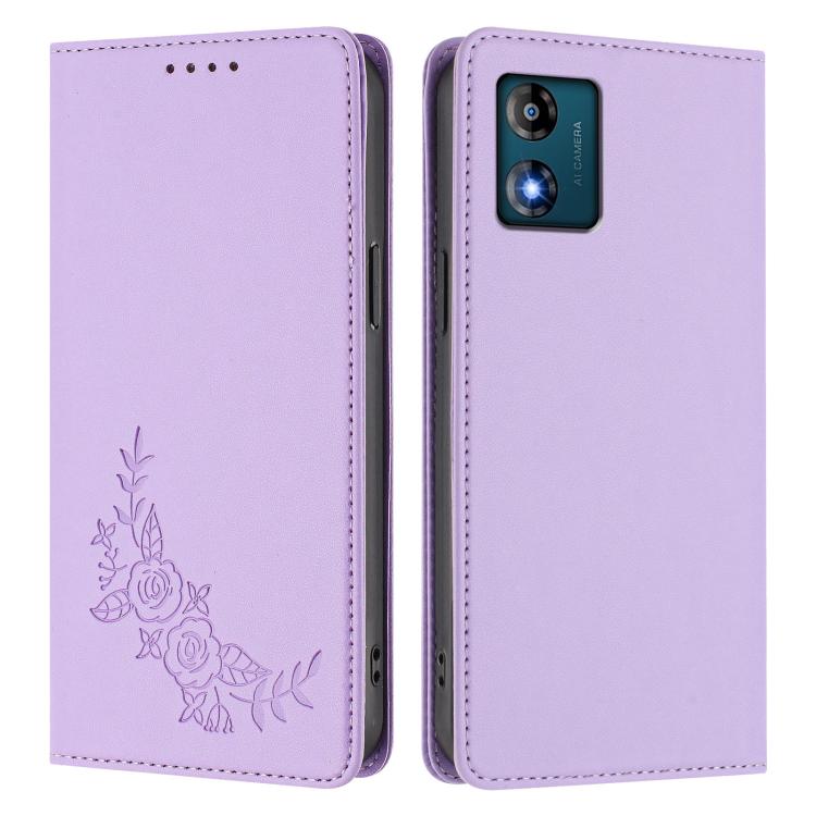 For Motorola Moto E13 2023 4G Peony Embossed Magnetic RFID Vegan Leather Phone Case