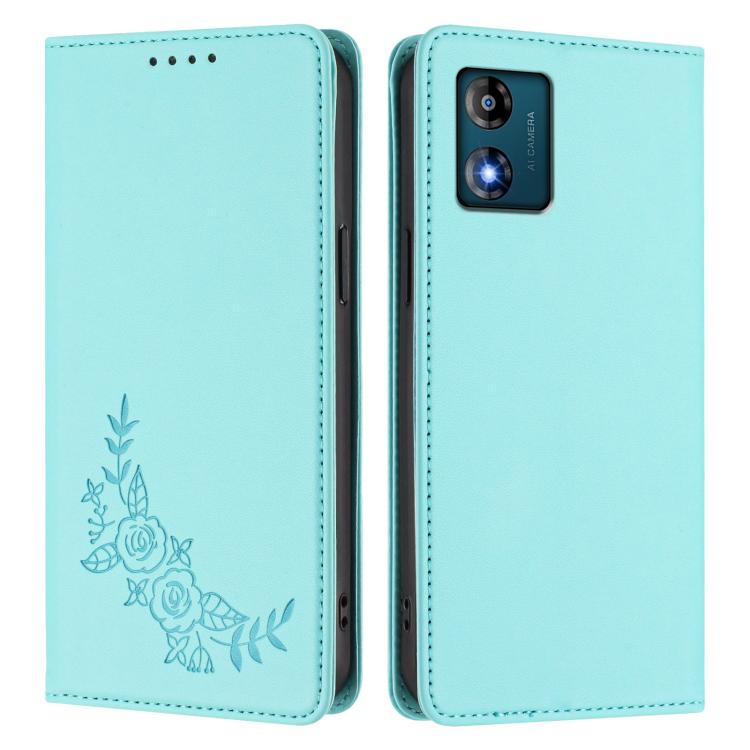 For Motorola Moto E13 2023 4G Peony Embossed Magnetic RFID Vegan Leather Phone Case