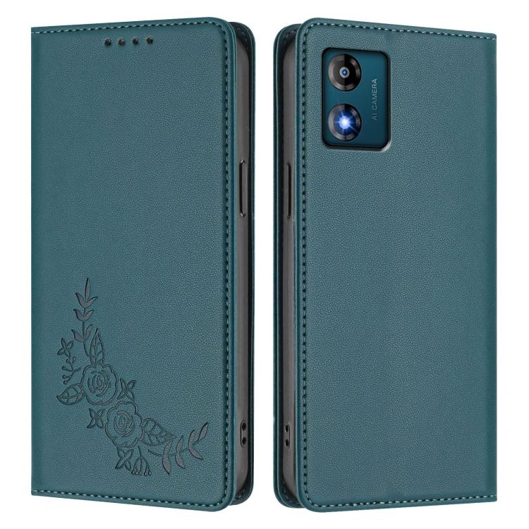 For Motorola Moto E13 2023 4G Peony Embossed Magnetic RFID Vegan Leather Phone Case