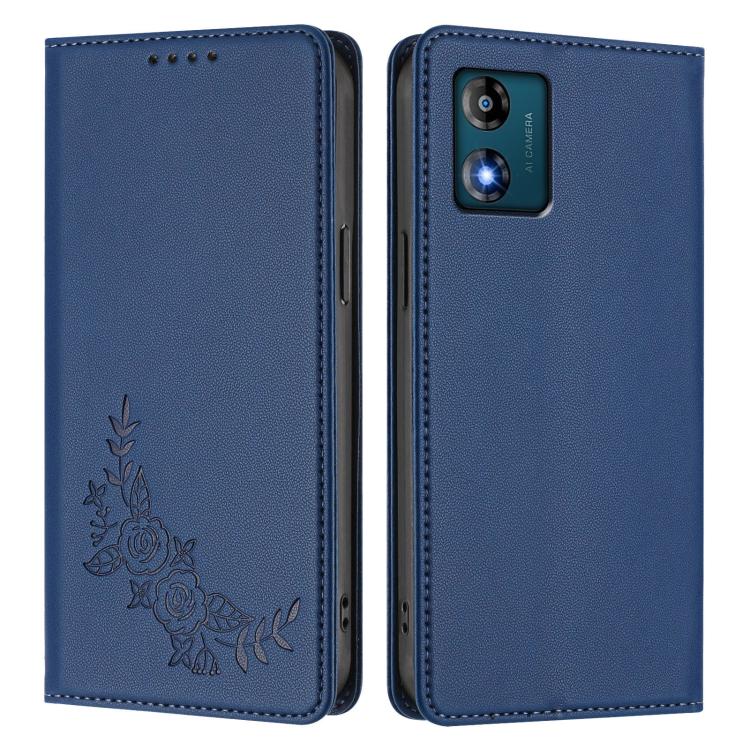 For Motorola Moto E13 2023 4G Peony Embossed Magnetic RFID Vegan Leather Phone Case