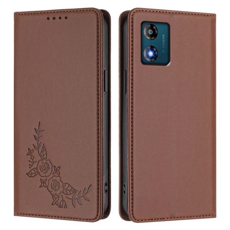 For Motorola Moto E13 2023 4G Peony Embossed Magnetic RFID Vegan Leather Phone Case