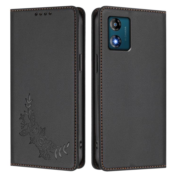 For Motorola Moto E13 2023 4G Peony Embossed Magnetic RFID Vegan Leather Phone Case