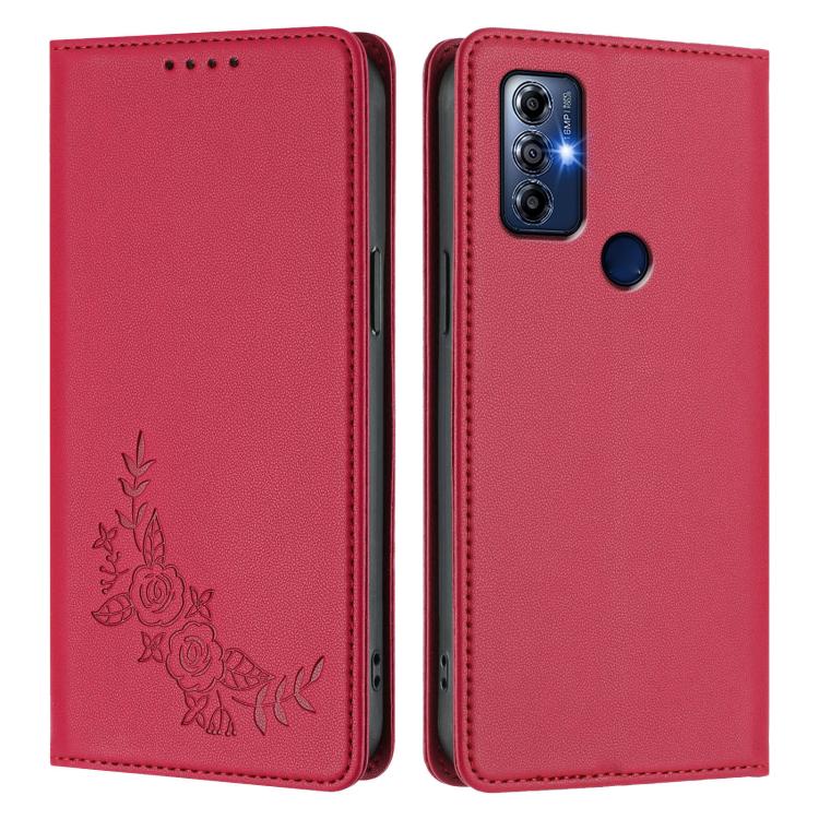 For Motorola Moto G Play 2023 Peony Embossed Magnetic RFID Vegan Leather Phone Case