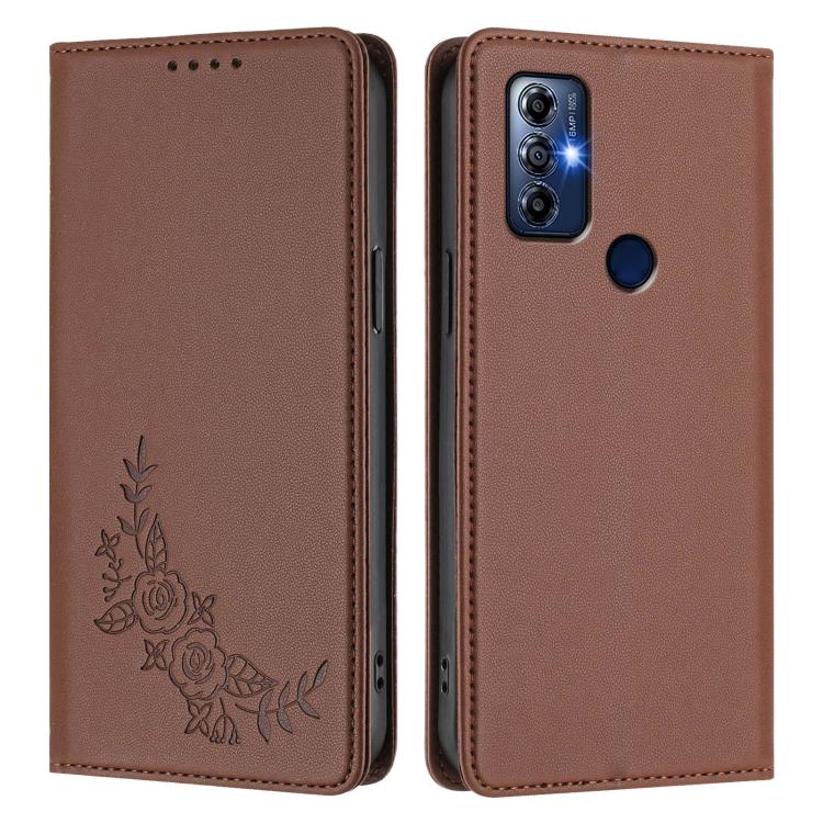 For Motorola Moto G Play 2023 Peony Embossed Magnetic RFID Vegan Leather Phone Case