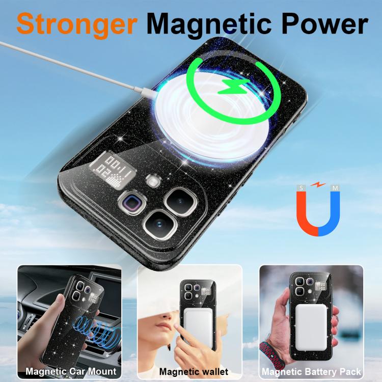 For Infinix Note 60 / 60 Pro 5G Fine Hole Glossy Glitter Magnetic TPU Phone Case with Same Color Hand Strap