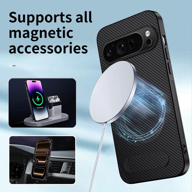 For Google Pixel 9 Pro XL WANLONFENG Kickstand Carbon Fiber Texture Magnetic Phone Case