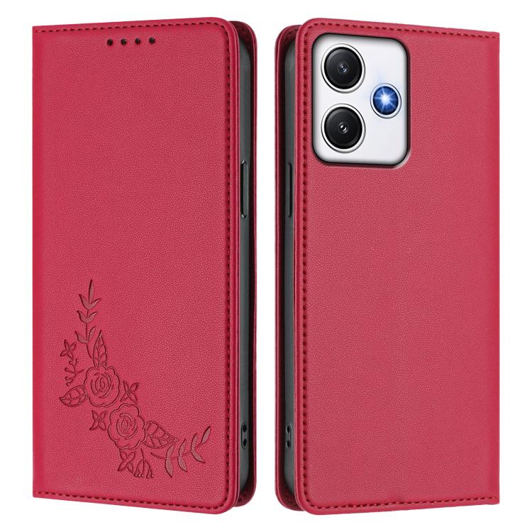 For Redmi 12 4G / 5G / Note 12R Peony Embossed Magnetic RFID Vegan Leather Phone Case