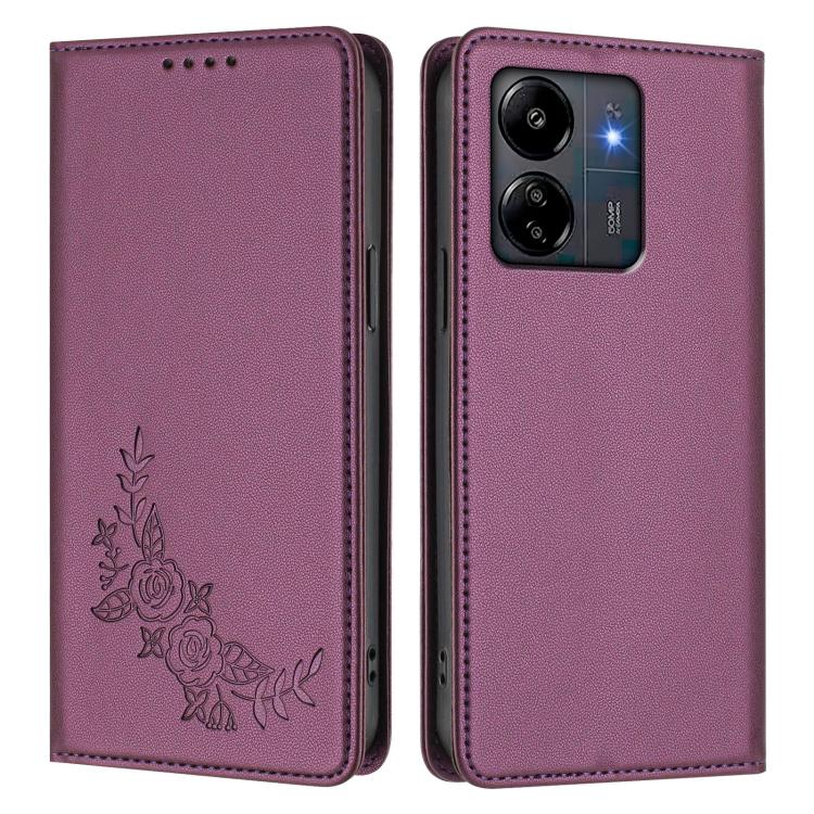 For Redmi 13C 4G / 5G / Poco C65 Peony Embossed Magnetic RFID Vegan Leather Phone Case